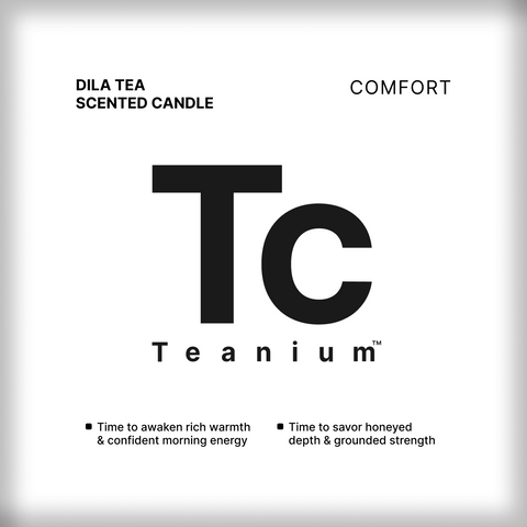 Teanium DILA red tea-scented candle — front label design with Tc monogram, rich morning warmth influences