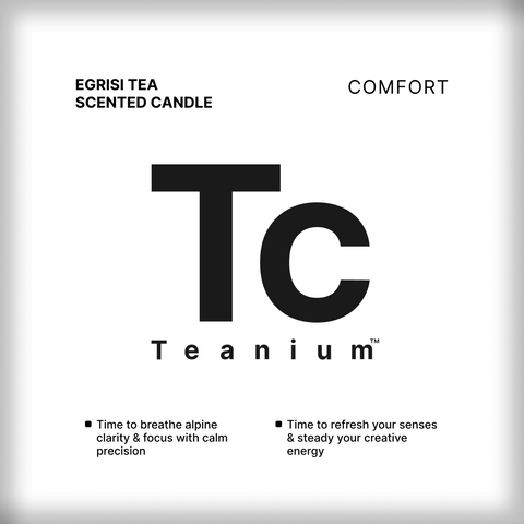 Teanium EGRISI green tea-scented candle — front label design with Tc monogram, alpine clarity and calm focus influences