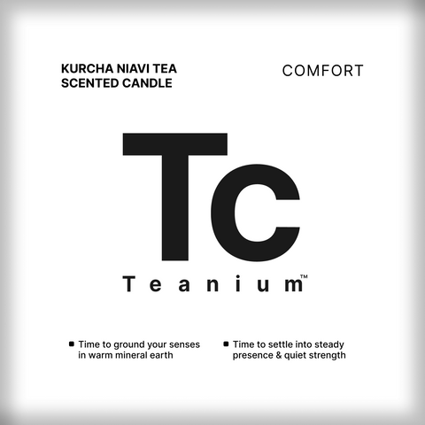 Teanium KURCHA NIAVI dark oolong tea-scented candle — front label design with Tc monogram, grounding mineral warmth influences