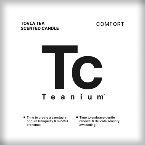 Teanium TOVLA white tea-scented candle — front label design with Tc monogram, Comfort line, white tea aroma influences
