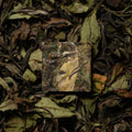 Pressed tea cube of Teanium TOVLA Georgian White tea on dark loose tea leaves